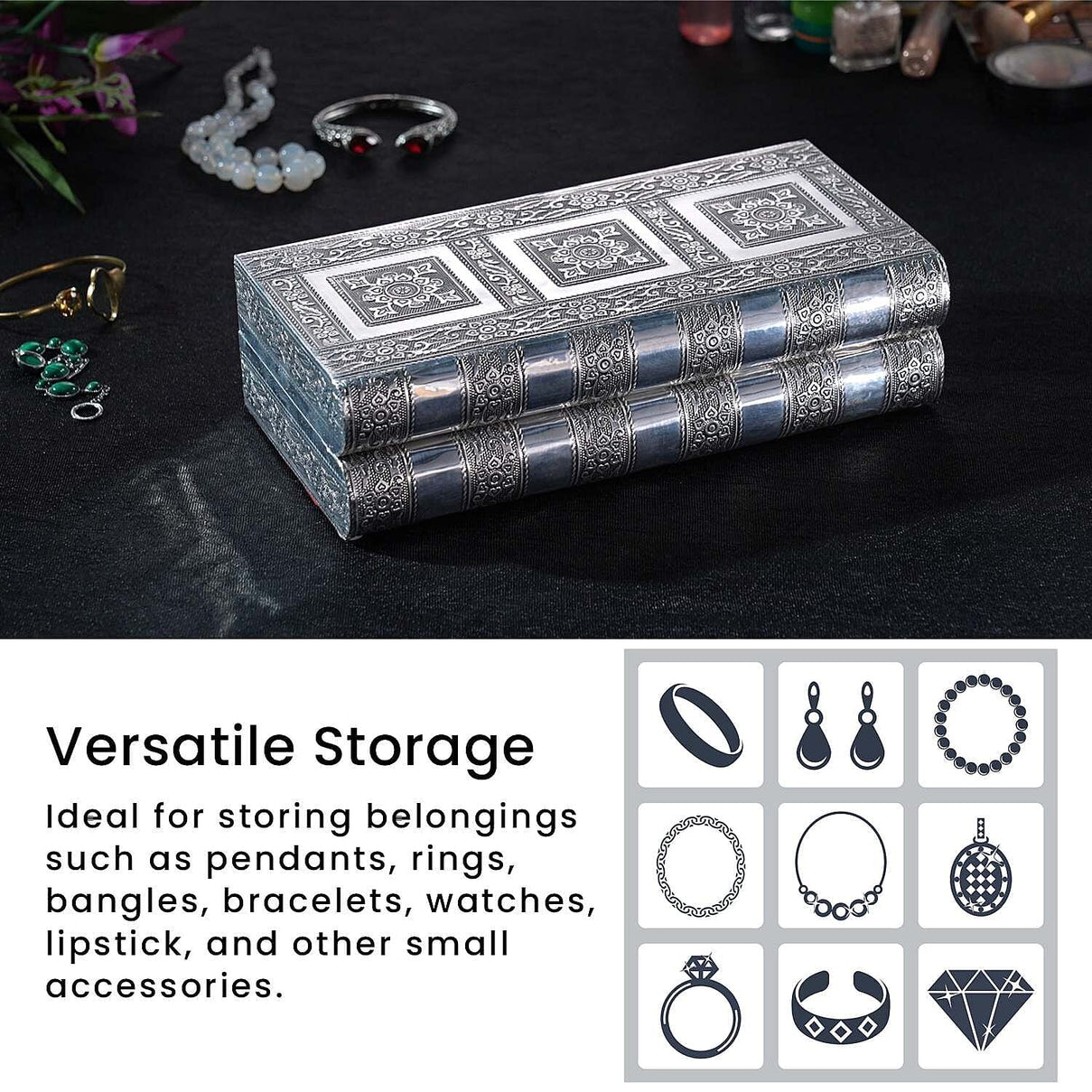 Handcrafted Oxidized Aluminium Storage/Jewelry Box with Mirror - Silver 7687319 4