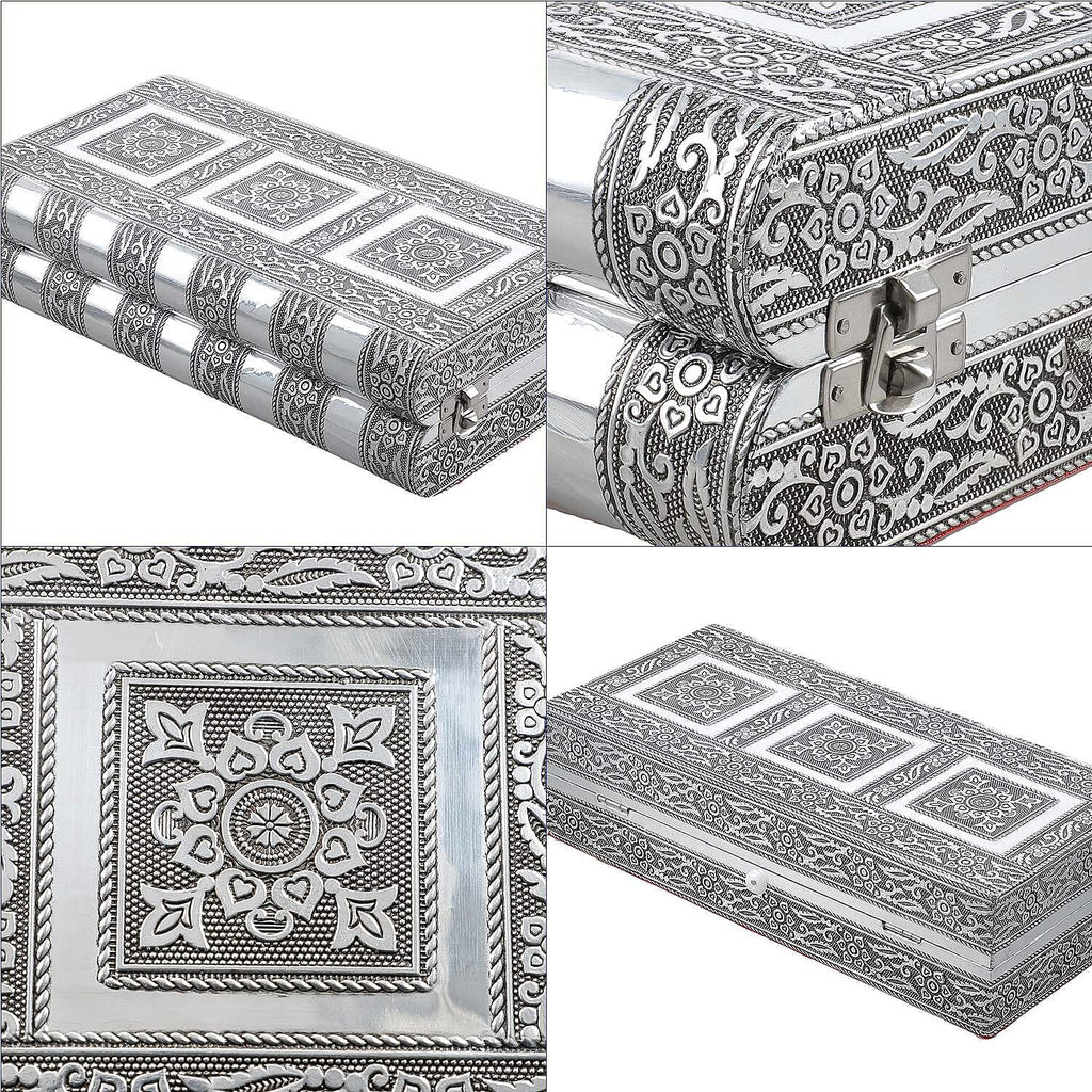 Handcrafted Oxidized Aluminium Storage-Jewelry Box with Mirror (Size 27x13x8 cm) - Silver