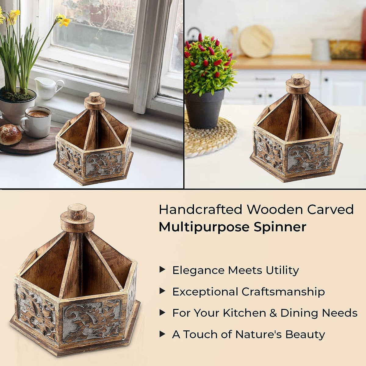 Handcrafted Wooden Carved Multipurpose Spinner for kitchen and dinning table - Brown 6489782 3