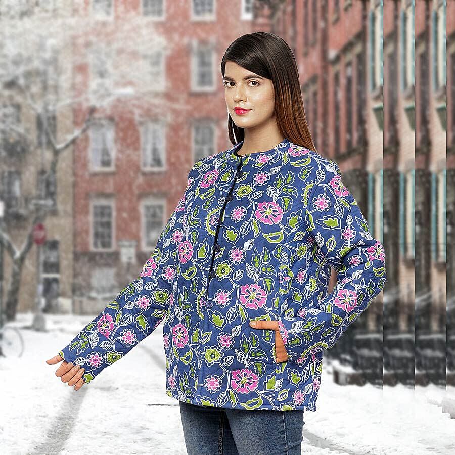 Handmade Printed Reversible Quilted Full-Sleeves Short Women's Jacket in Navy 3648273 0