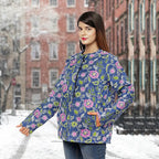 Handmade Printed Reversible Quilted Full-Sleeves Short Jacket in Navy - (Size S,10 )