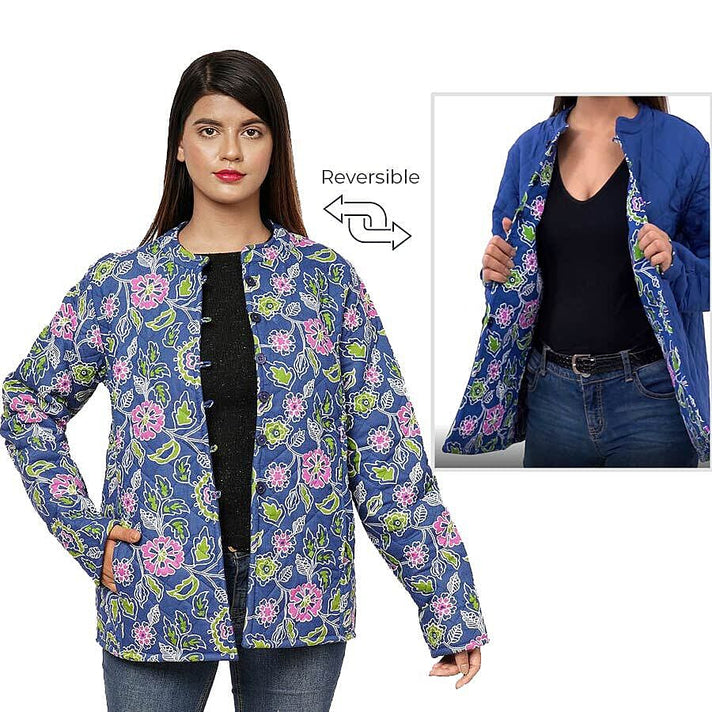 Handmade Printed Reversible Quilted Full-Sleeves Short Women's Jacket in Navy 3648273 2