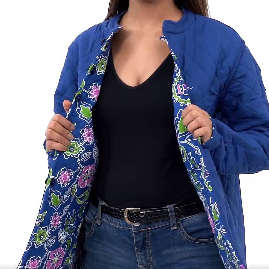Handmade Printed Reversible Quilted Full-Sleeves Short Women's Jacket in Navy 3648273 4