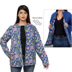 Handmade Printed Reversible Quilted Full-Sleeves Jacket in Navy - (Size M, 12-14 )