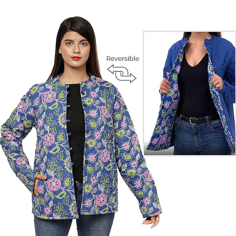 Handmade Printed Reversible Quilted Full-Sleeves Short Women's Jacket in Navy 3648273 10
