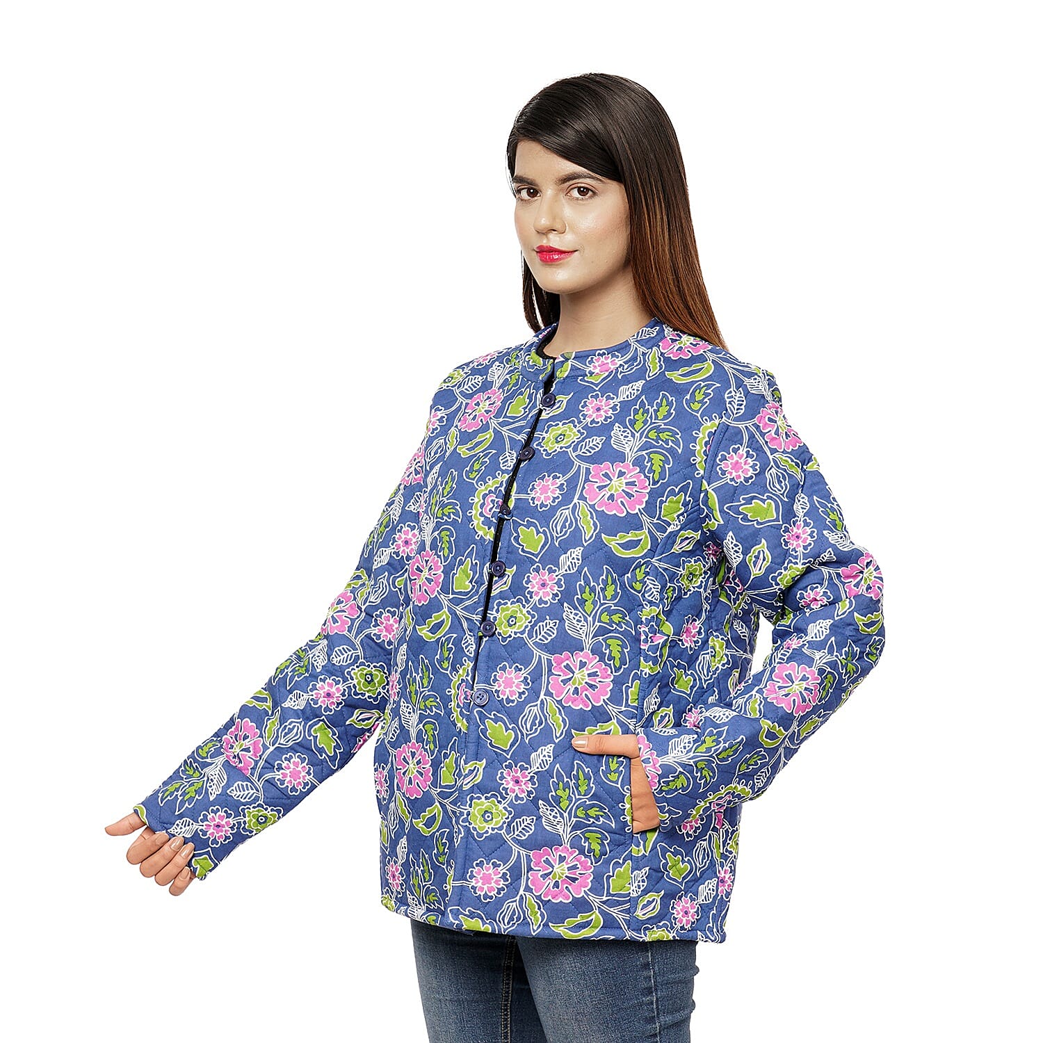 Handmade Printed Reversible Quilted Full-Sleeves Short Women's Jacket in Navy 3648273 11