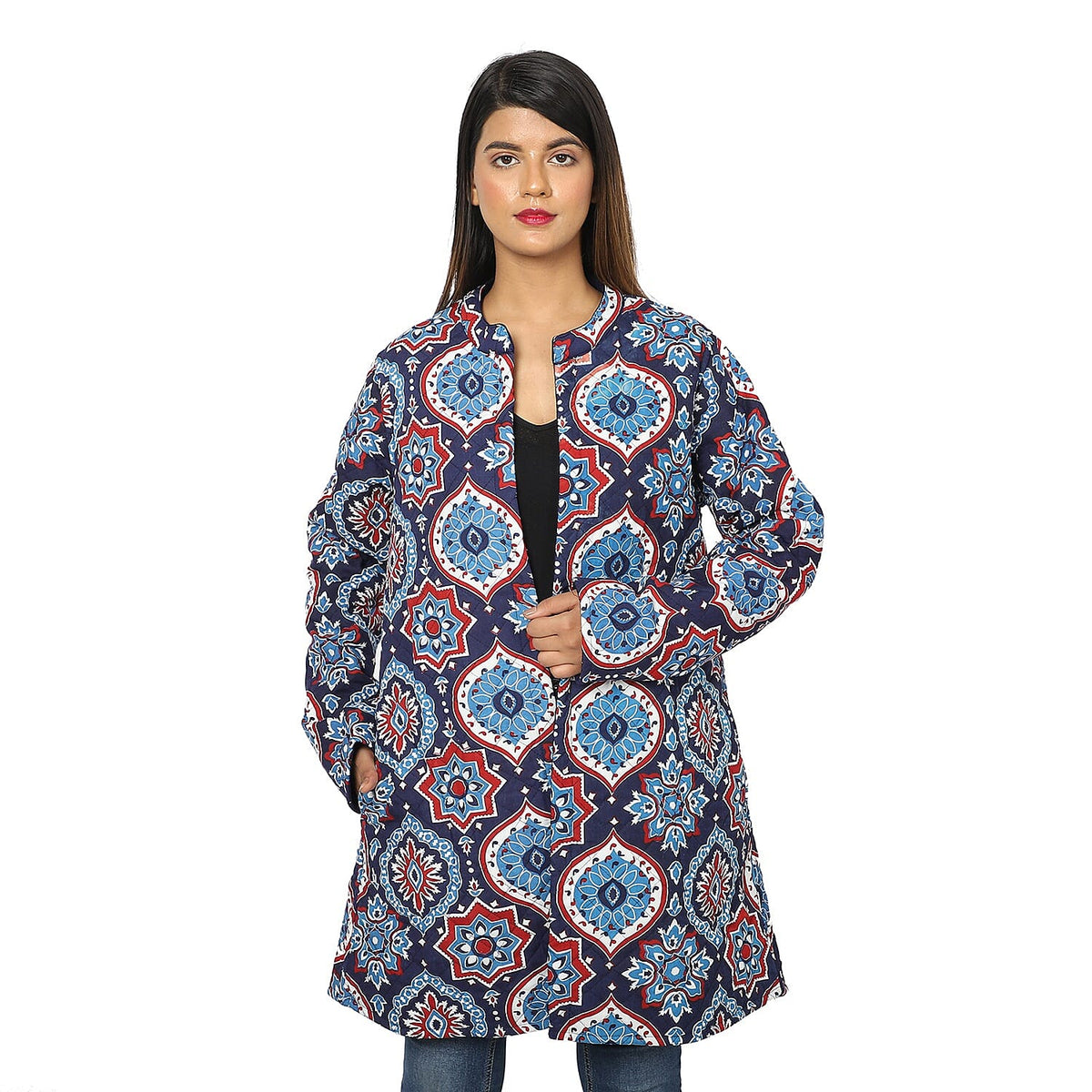 Handmade Printed Reversible Quilted Long Women's Jacket in Navy Blue and Multi Colour 3648312 0