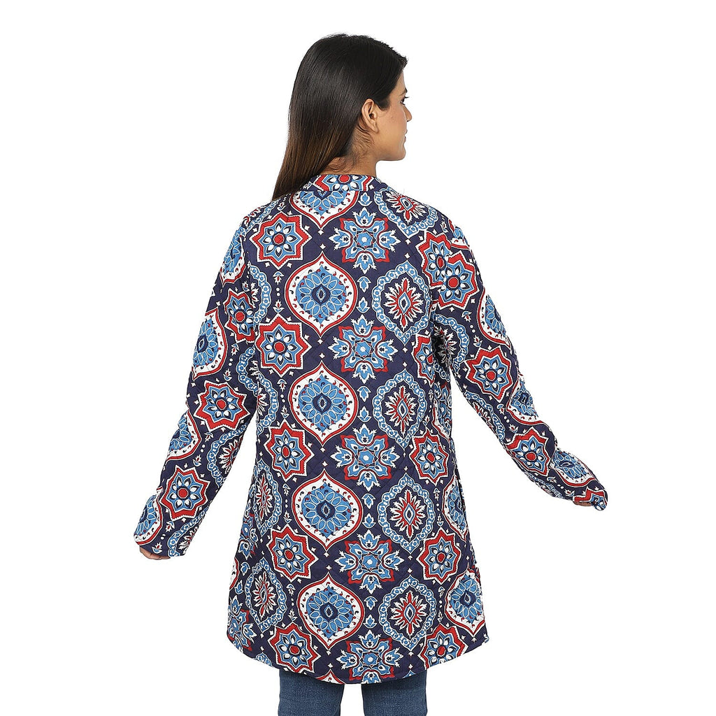 Handmade Printed Reversible Quilted Jacket in Navy Blue and Multi Colour - Size S (8-10)