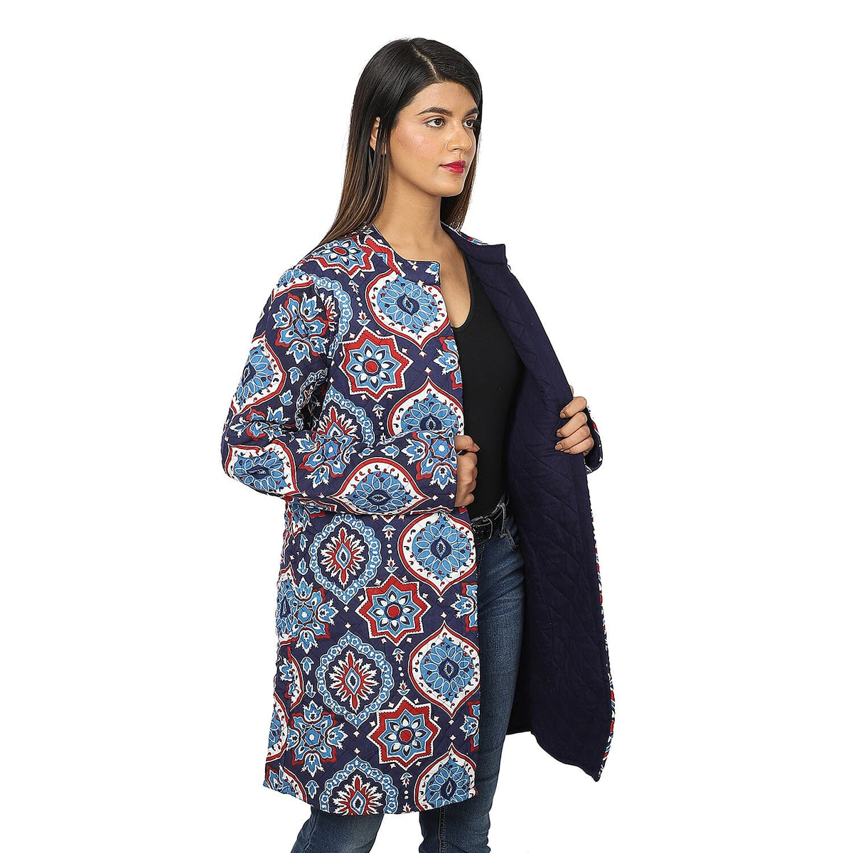 Handmade Printed Reversible Quilted Long Women's Jacket in Navy Blue and Multi Colour 3648312 3