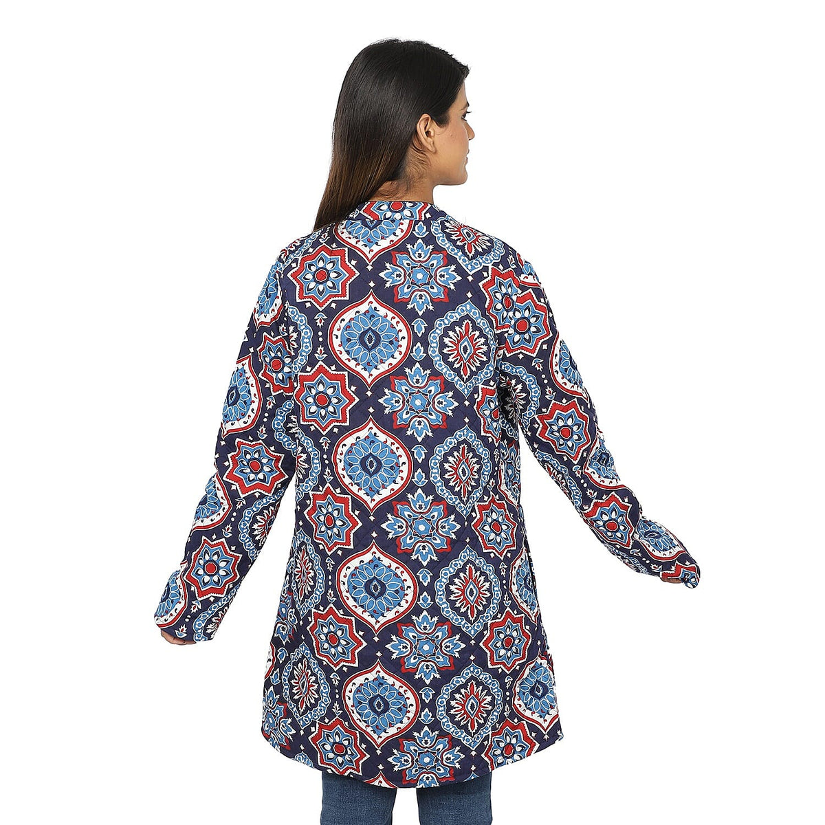 Handmade Printed Reversible Quilted Long Women's Jacket in Navy Blue and Multi Colour 3648312 10