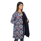 Handmade Printed Reversible Quilted Jacket in Navy Blue and Multi Colour - Size S (8-10)