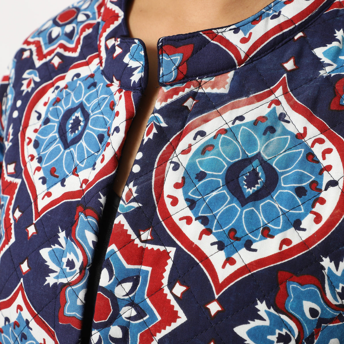 Handmade Printed Reversible Quilted Long Women's Jacket in Navy Blue and Multi Colour 3648312 12