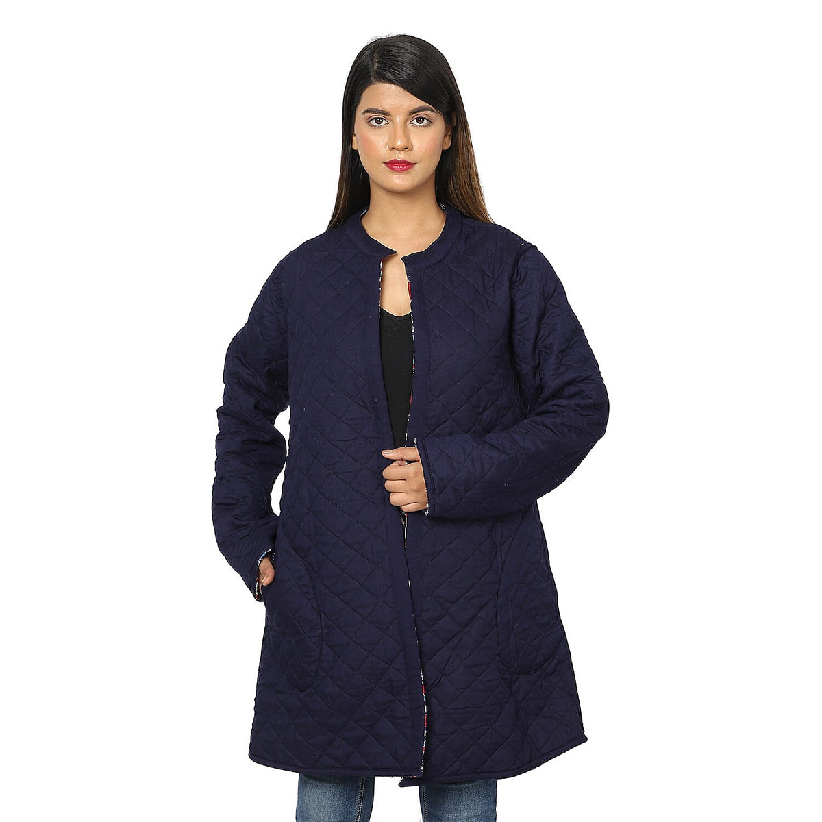Handmade Printed Reversible Quilted Long Women's Jacket in Navy Blue and Multi Colour 3648312 13