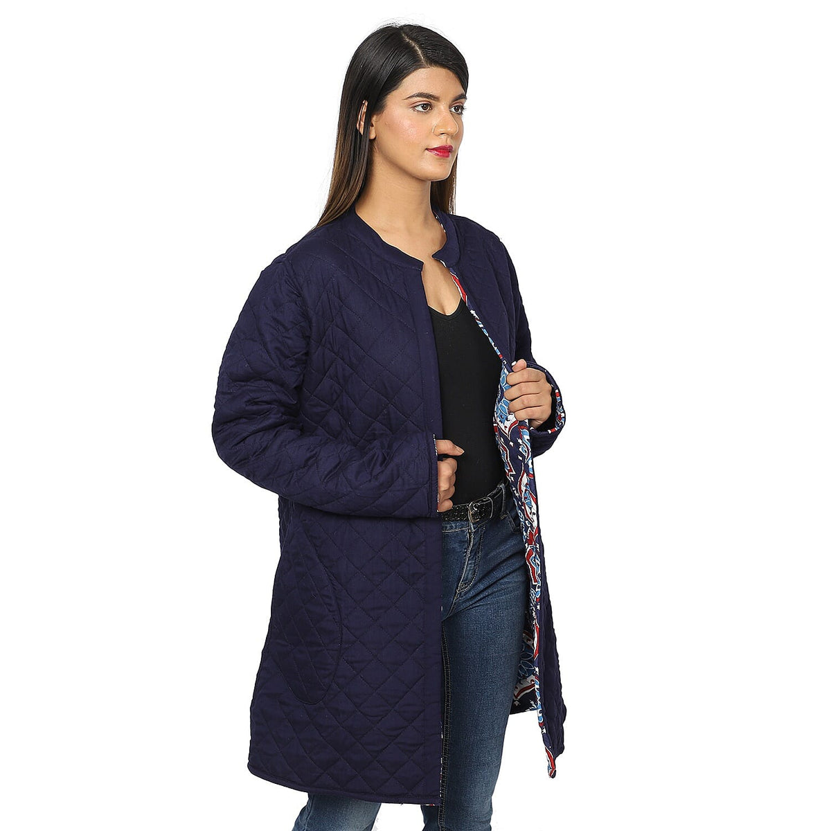 Handmade Printed Reversible Quilted Long Women's Jacket in Navy Blue and Multi Colour 3648312 15