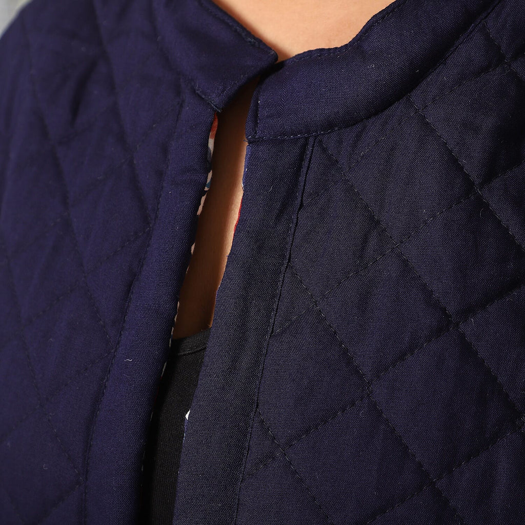 Handmade Printed Reversible Quilted Jacket in Navy Blue and Multi Colour - Size S (8-10)