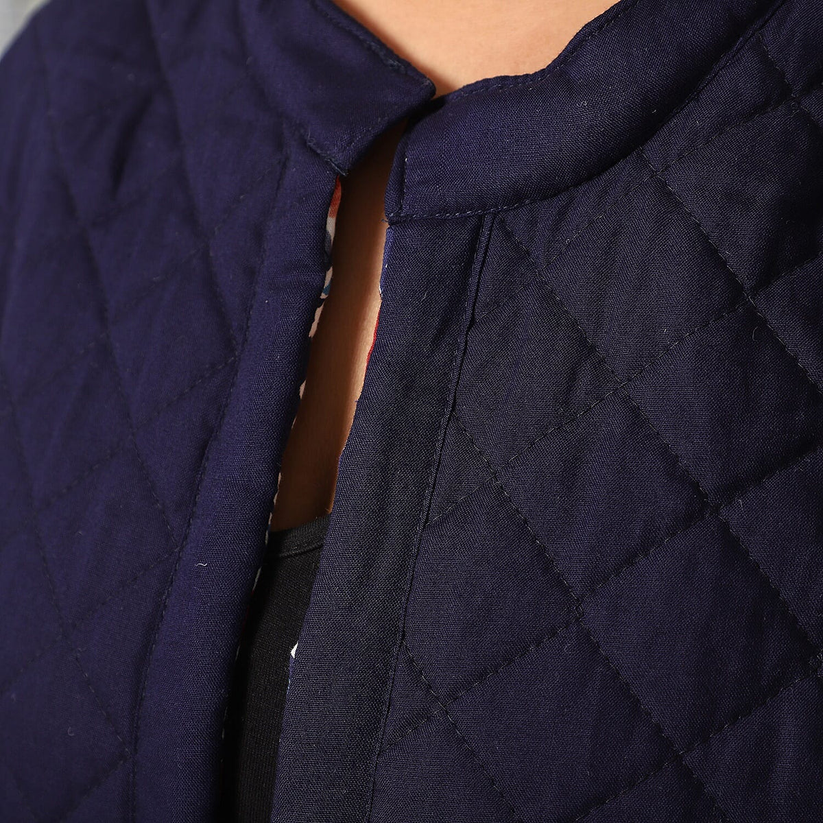 Handmade Printed Reversible Quilted Long Women's Jacket in Navy Blue and Multi Colour 3648312 16