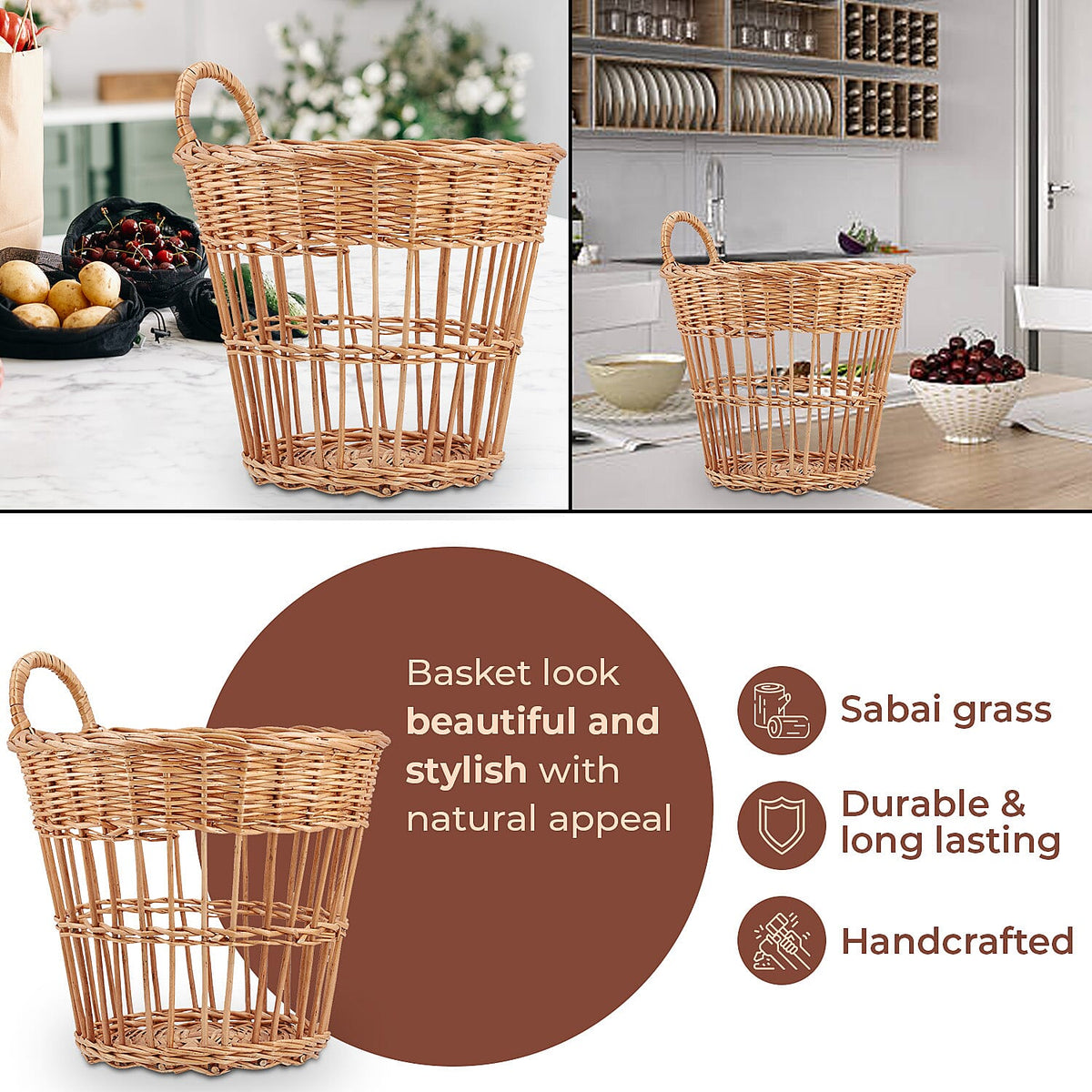 Handmade Sabai Grass Vegetable Holder Basket for Kitchen and Home - Brown 7886763 3