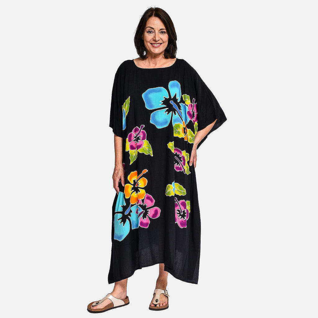 100% Viscose Handpainted Floral Pattern Kaftan Dress (One Size) - Black & Multi