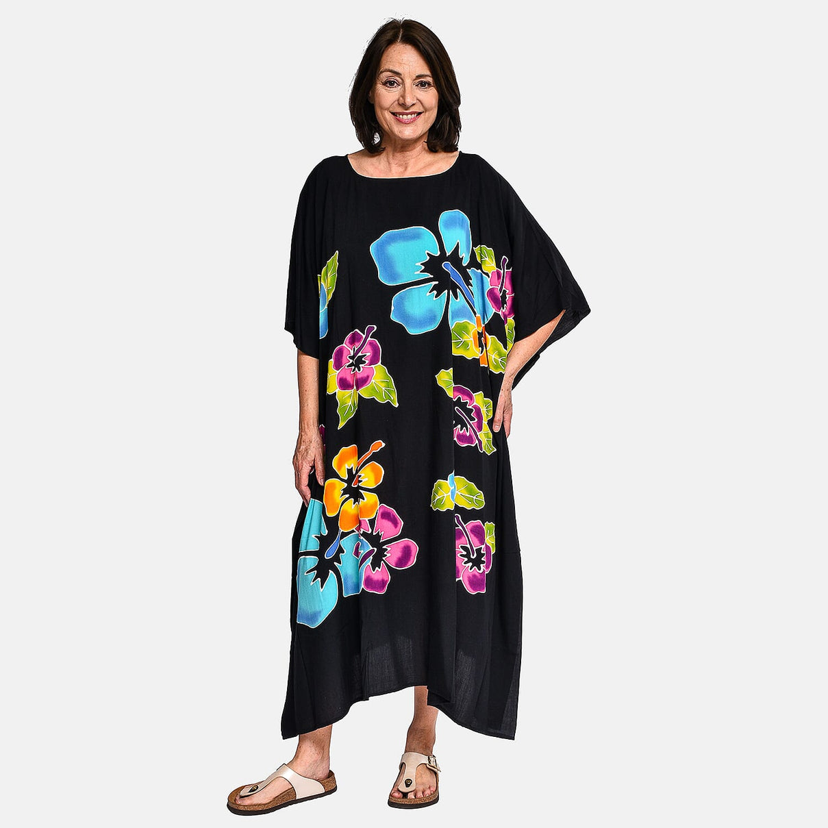 Handpainted Floral Pattern Kaftan Dress (One Size) - Black and Multi 8892653 0