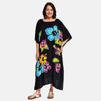 100% Viscose Handpainted Floral Pattern Kaftan Dress (One Size) - Black & Multi