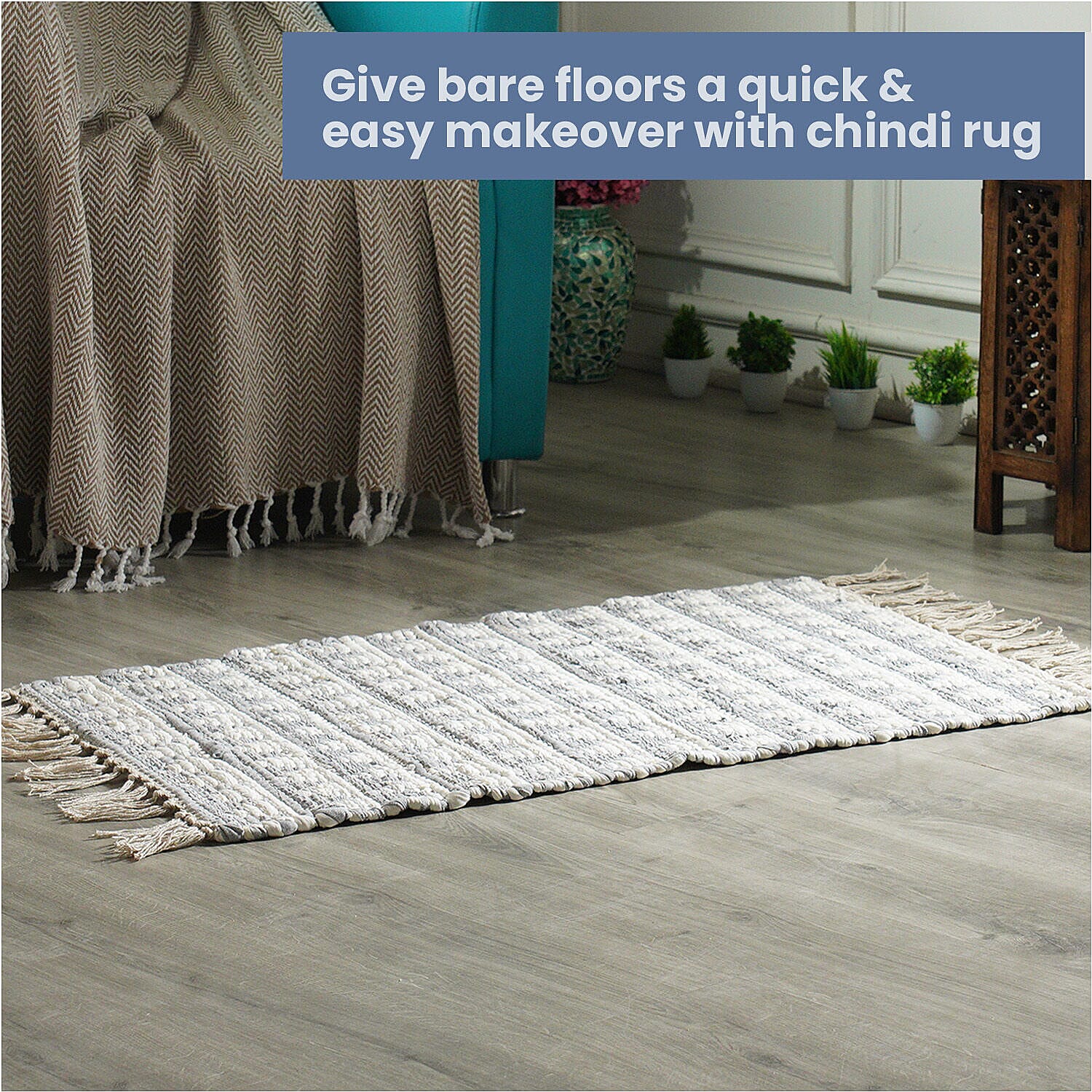 Handwoven Cotton Rag Mat (Size 90x60) - White &amp; Grey 7263613 2