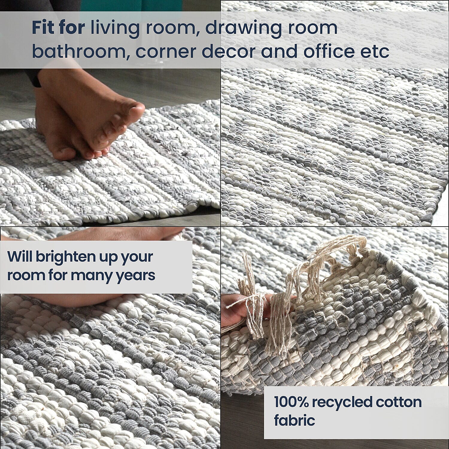 Handwoven Cotton Rag Mat (Size 90x60) - White &amp; Grey 7263613 3