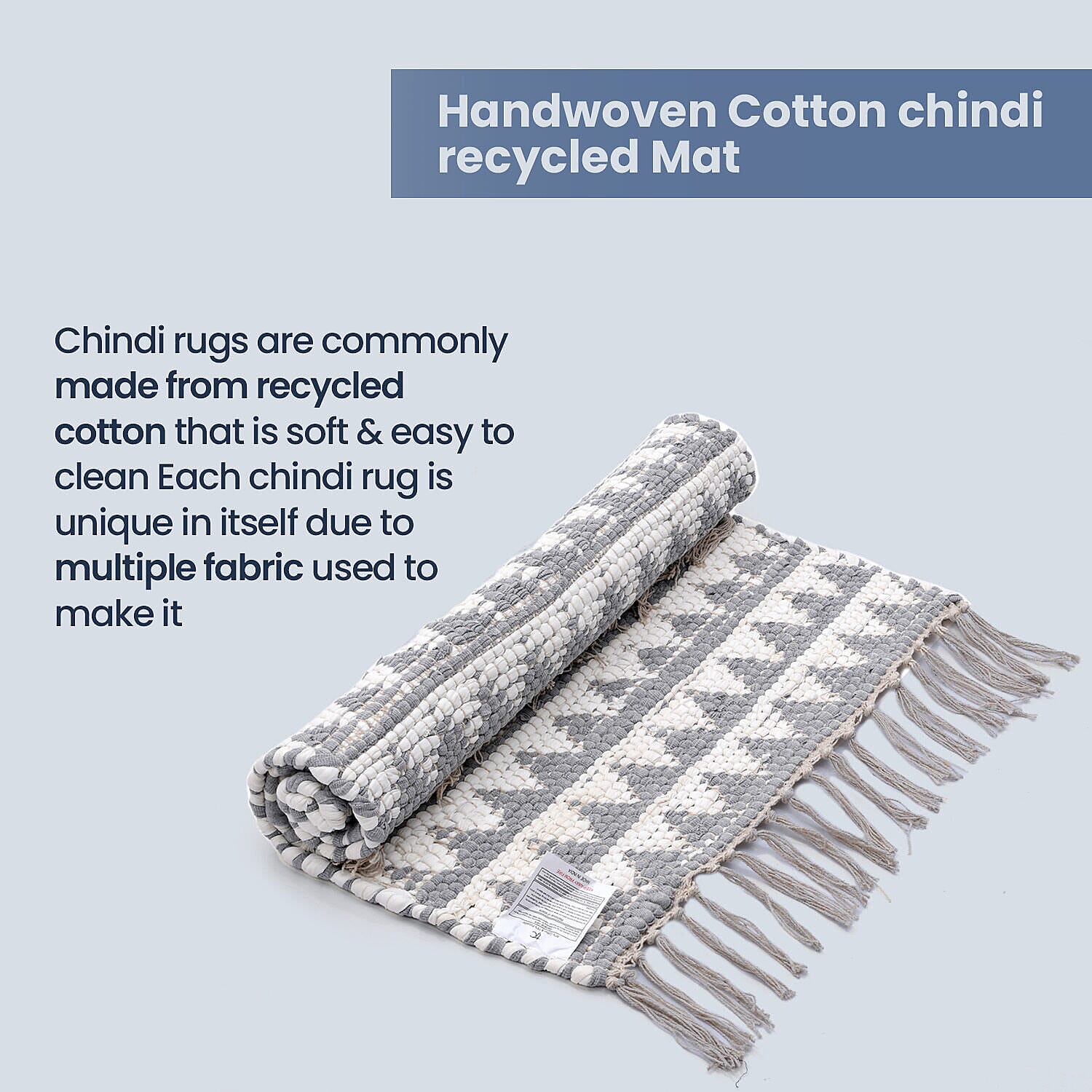 Handwoven Cotton Rag Mat (Size 90x60) - White &amp; Grey 7263613 4