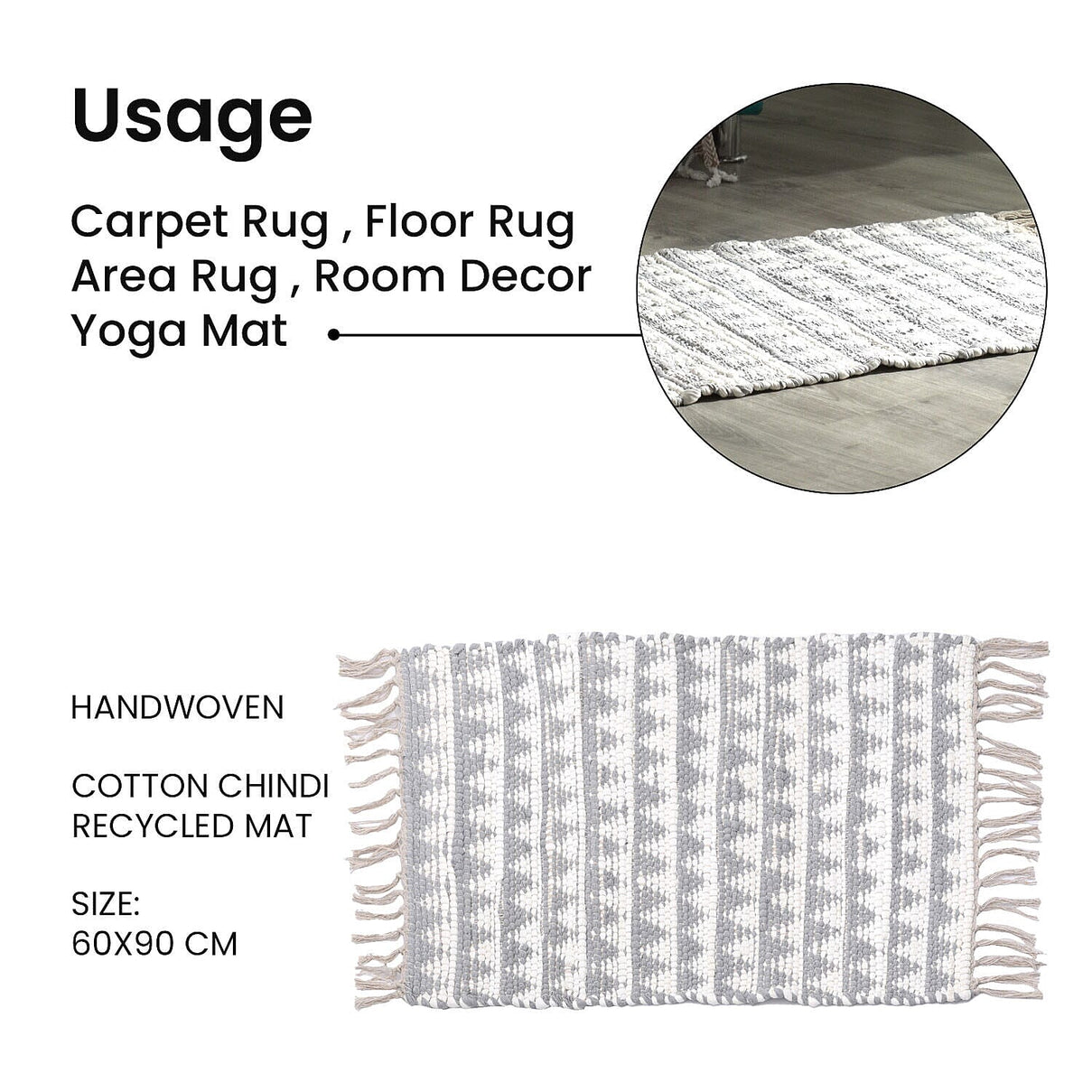 Handwoven Cotton Rag Mat (Size 90x60) - White &amp; Grey 7263613 5