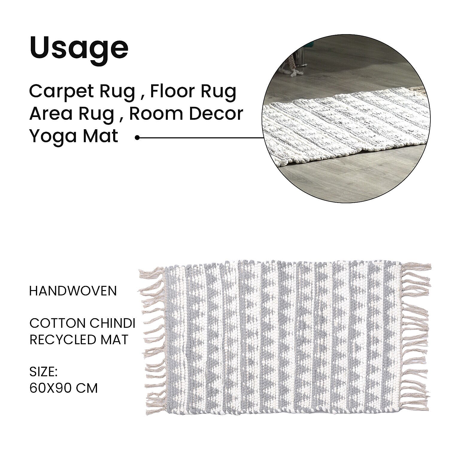 Handwoven Cotton Rag Mat (Size 90x60) - White &amp; Grey 7263613 5