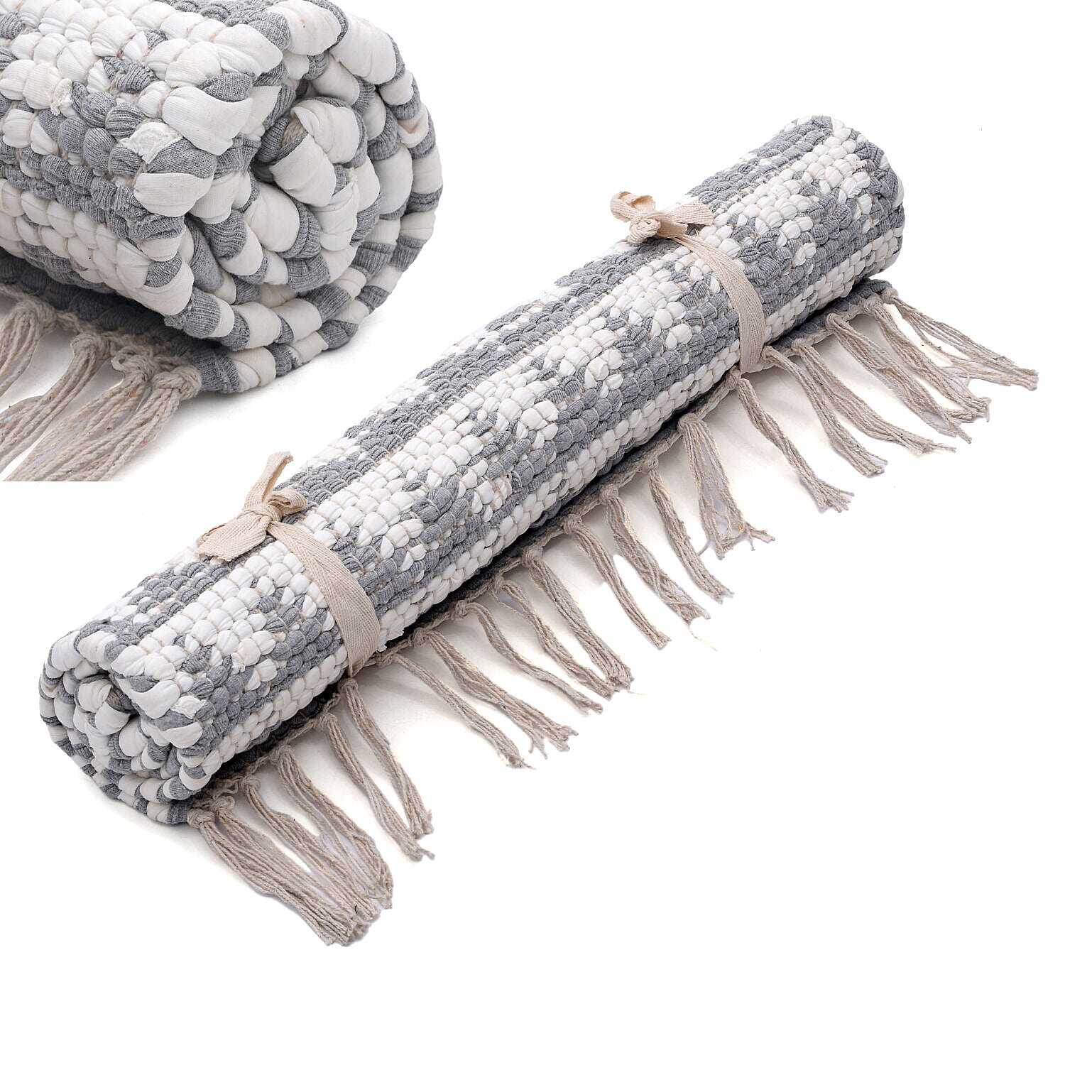 Handwoven Cotton Rag Mat (Size 90x60) - White &amp; Grey 7263613 6