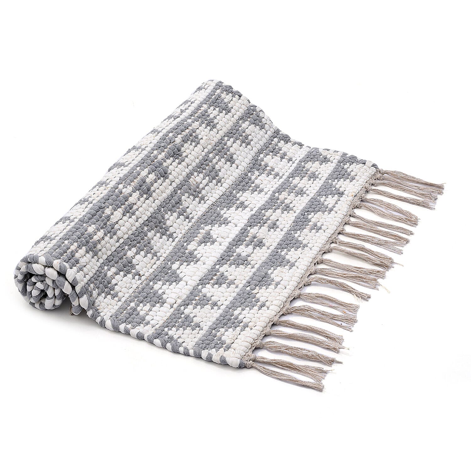 Handwoven Cotton Rag Mat (Size 90x60) - White &amp; Grey 7263613 7