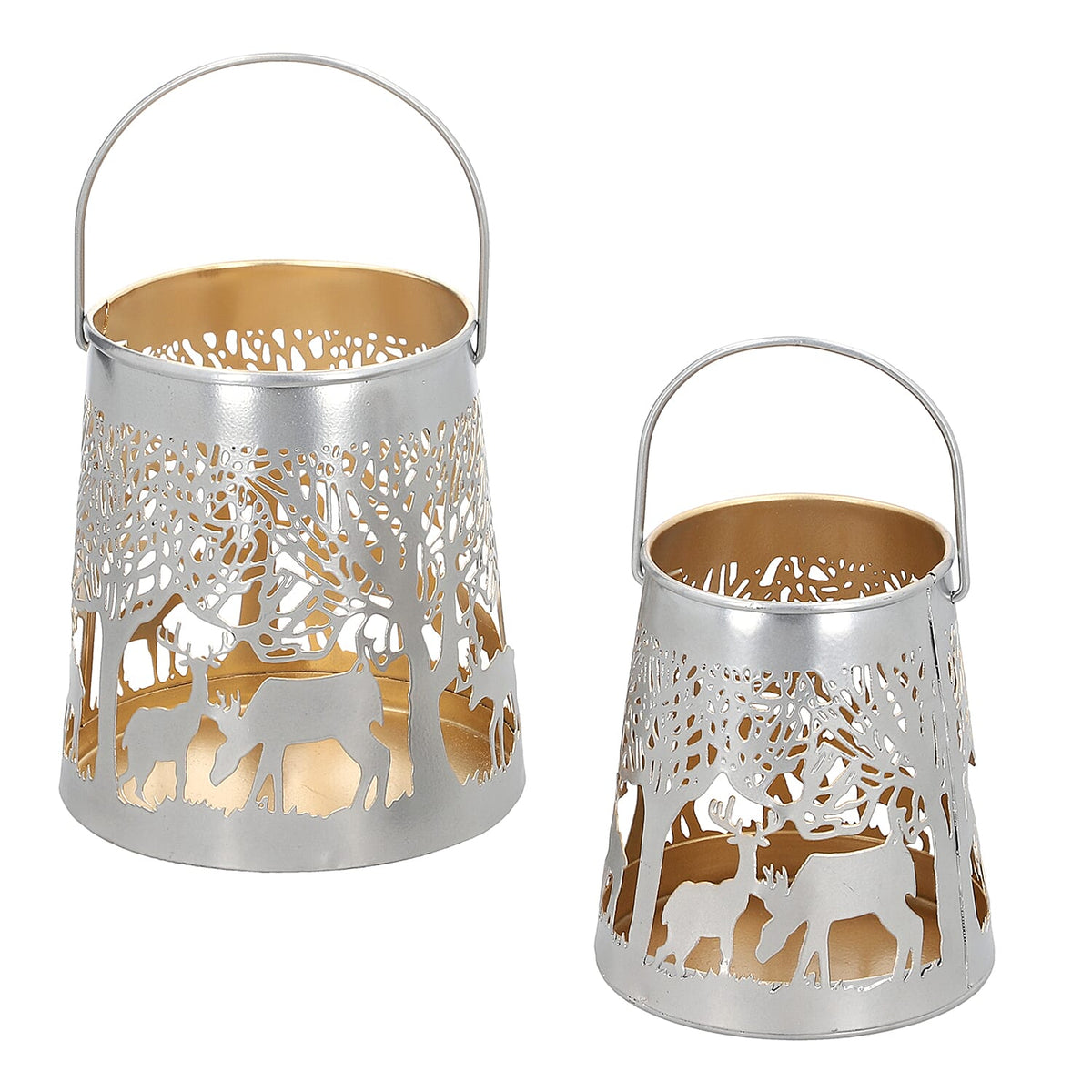 Set of 2 - Stunning Metal Etched Reindeer Pattern Hanging Lantern (Size 15x15x13 cm) - Silver 7510769 0