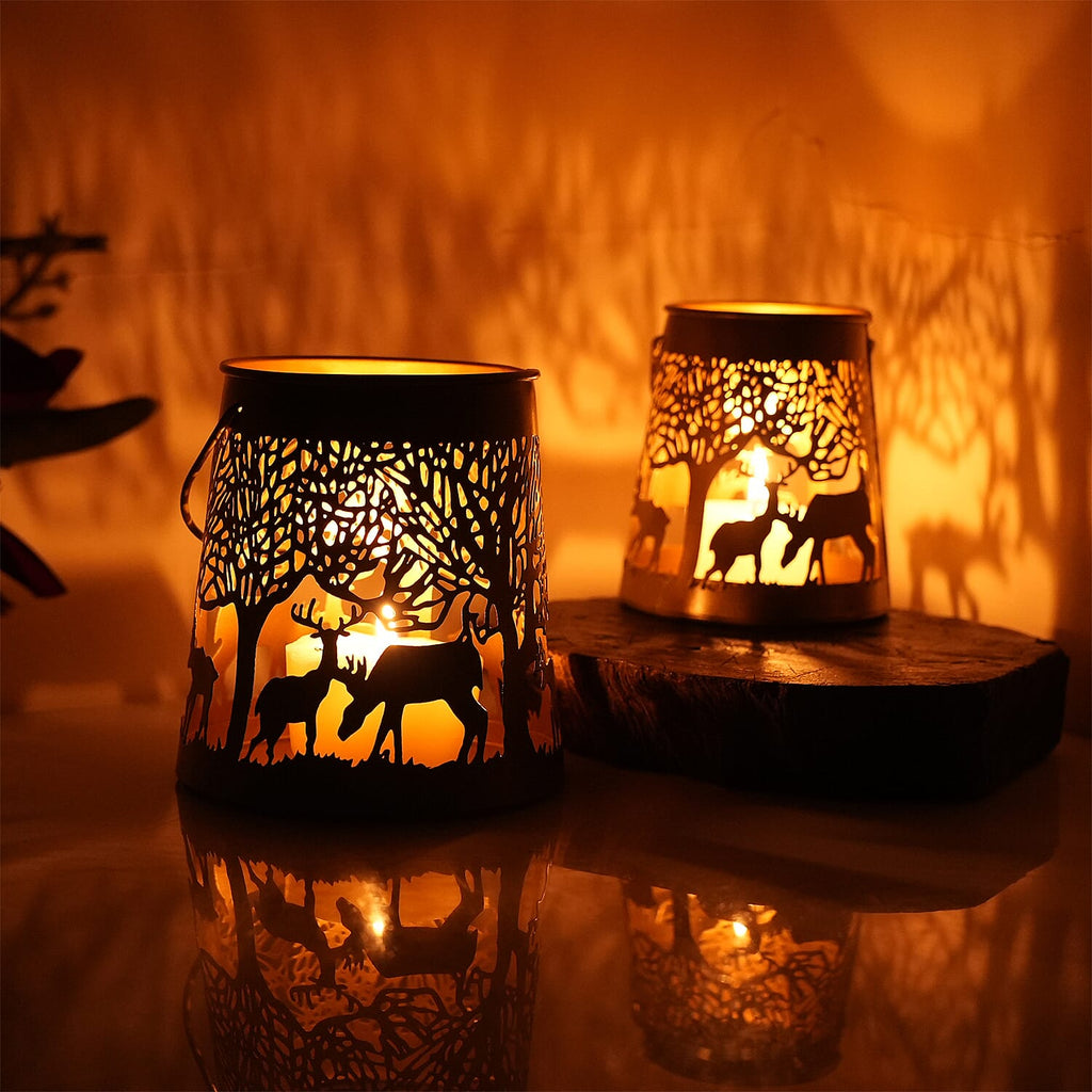 Set of 2 - Stunning Metal Etched Reindeer Pattern Hanging Lantern (Size 15x15x13 cm) - Silver