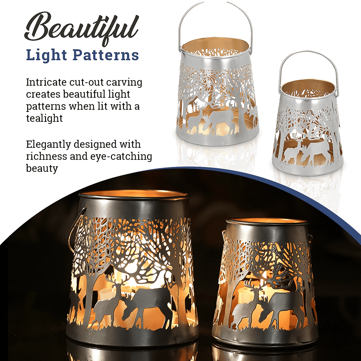 Set of 2 - Stunning Metal Etched Reindeer Pattern Hanging Lantern (Size 15x15x13 cm) - Silver 7510769 5