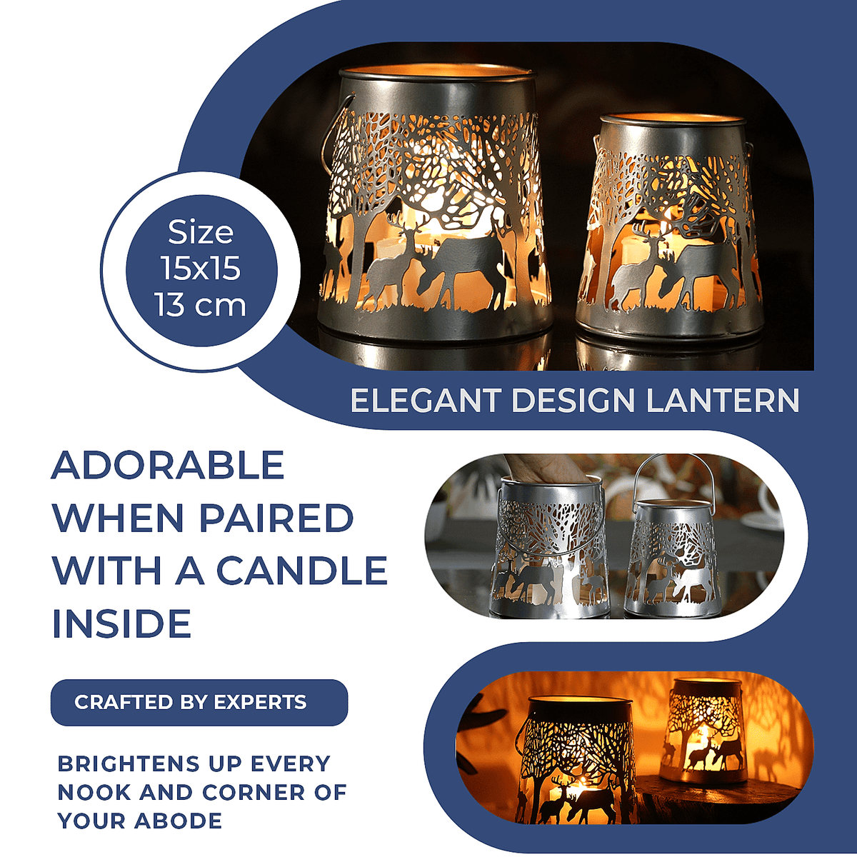 Set of 2 - Stunning Metal Etched Reindeer Pattern Hanging Lantern (Size 15x15x13 cm) - Silver 7510769 6