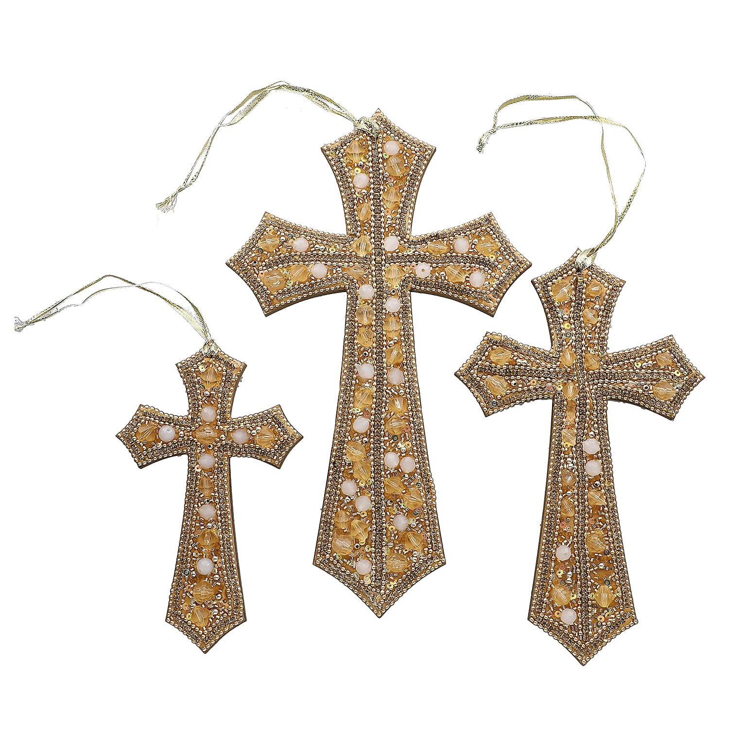 Set of 3 Hand Beaded Cross Hangings (23-18-14) - Golden 7743784 0