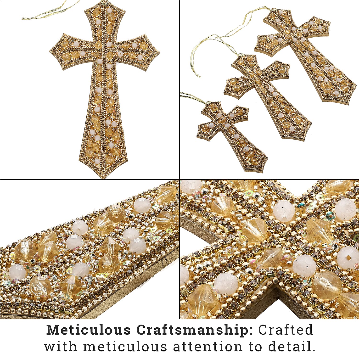 Set of 3 Hand Beaded Cross Hangings (23-18-14) - Golden 7743784 6
