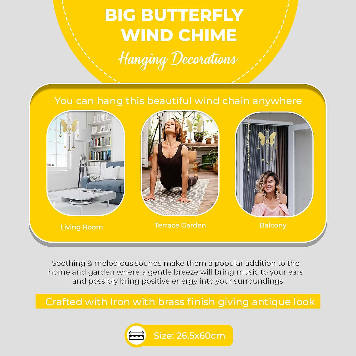 Big Butterfly wind chimes with miniature bells Colour - Brass Antique (Size - 25x40cm) 7382233 2