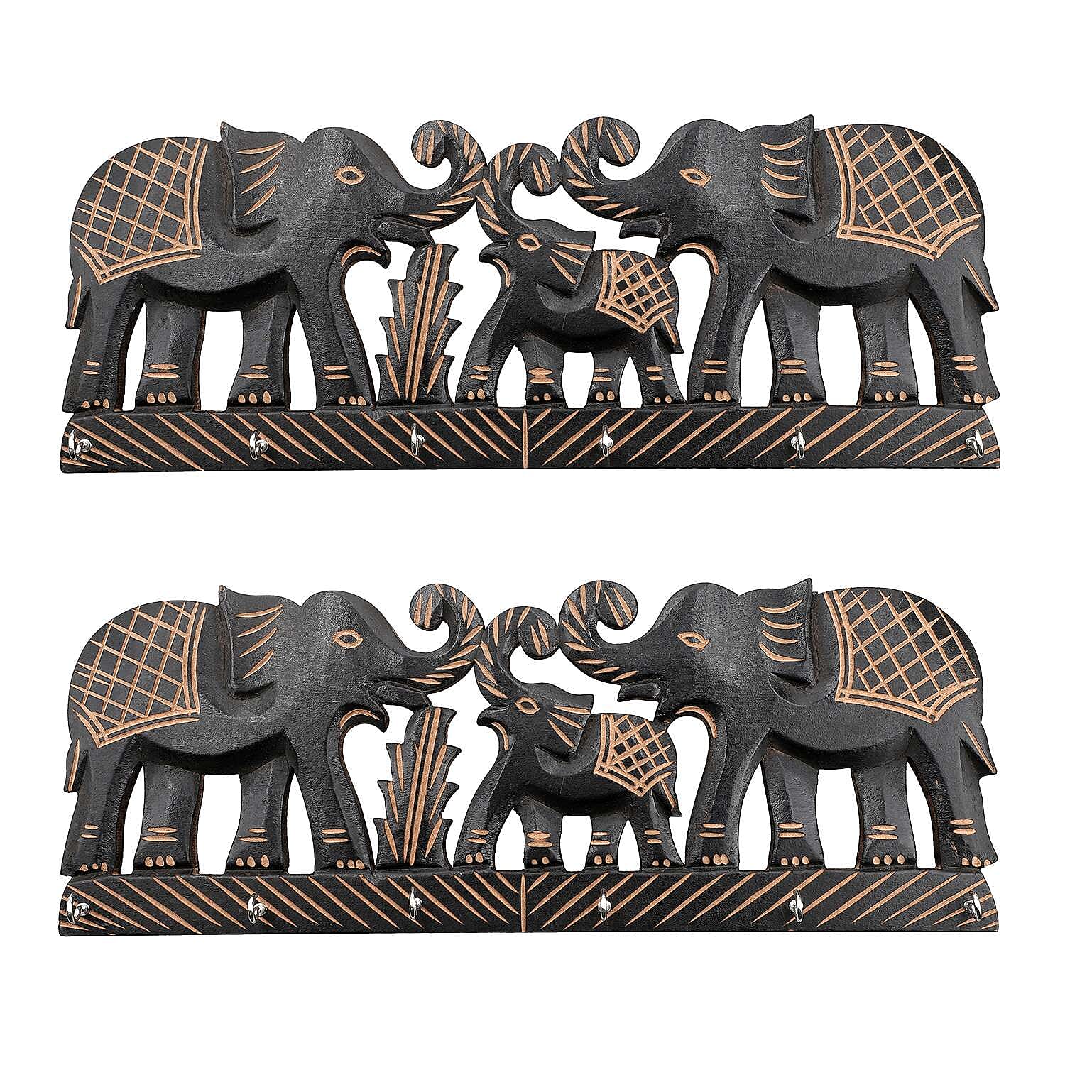 Boutique Collection - Set of 2 Carved Wooden Elephant Key Holders 7705907 0