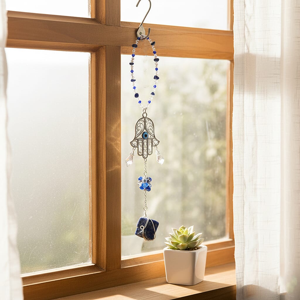 Multi Colour Glass with Lapis Lazuli Hamsa Hanging Decoration in Silver Tone 8282482 3