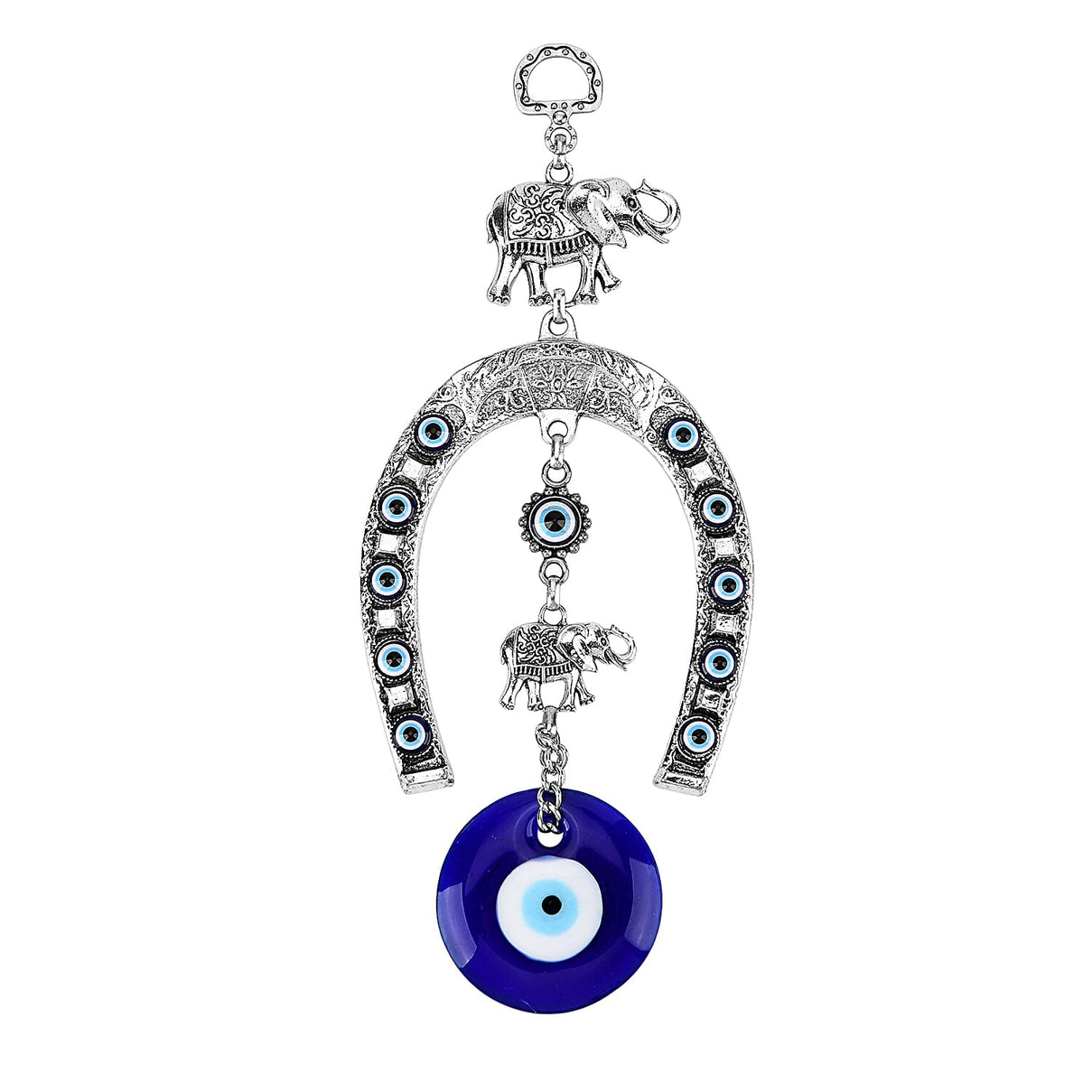 Wall Hanging - Horseshoe with Elephant &amp; Classic Evil Eye Design (22cm) - Blue 8284866 0