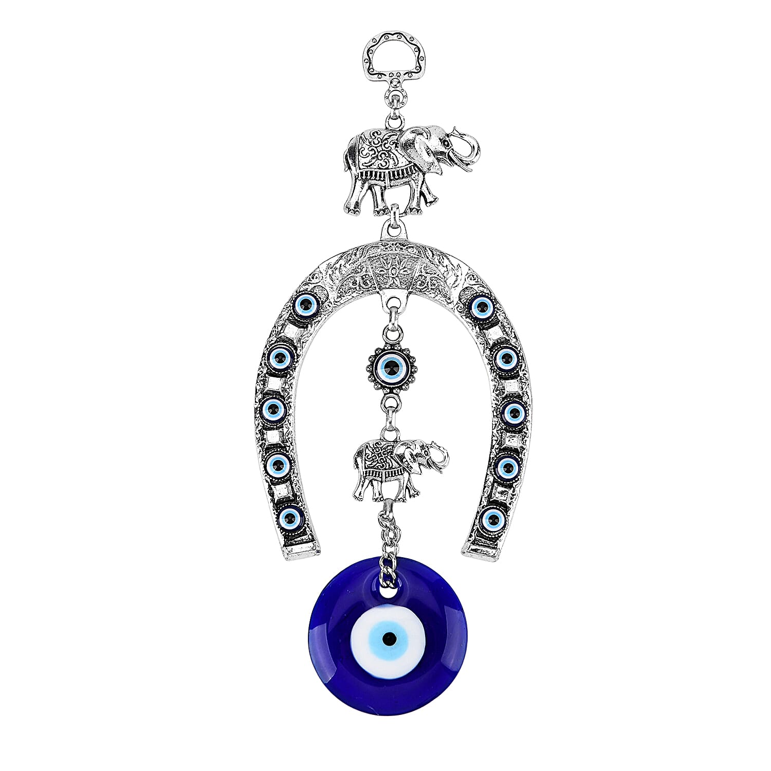 Wall Hanging - Horseshoe with Elephant &amp; Classic Evil Eye Design (22cm) - Blue 8284866 0