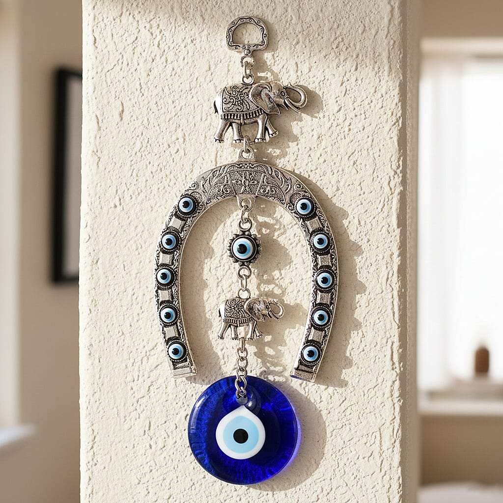 Wall Hanging - Horseshoe with Elephant & Classic Evil Eye Design (22cm) - Blue