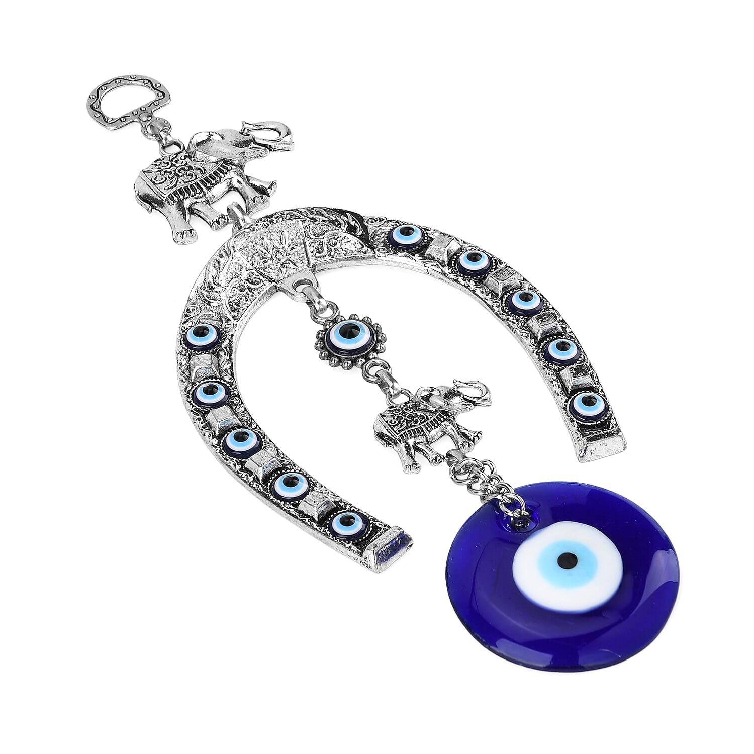Wall Hanging - Horseshoe with Elephant &amp; Classic Evil Eye Design (22cm) - Blue 8284866 3