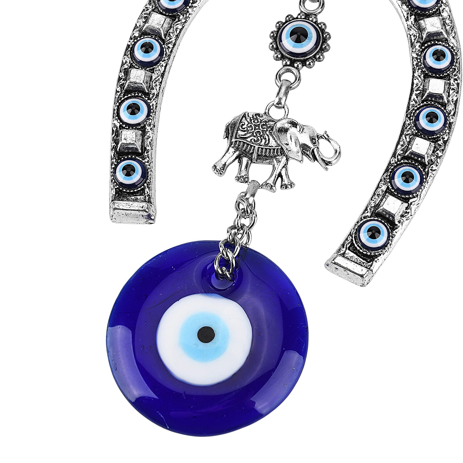 Wall Hanging - Horseshoe with Elephant &amp; Classic Evil Eye Design (22cm) - Blue 8284866 4