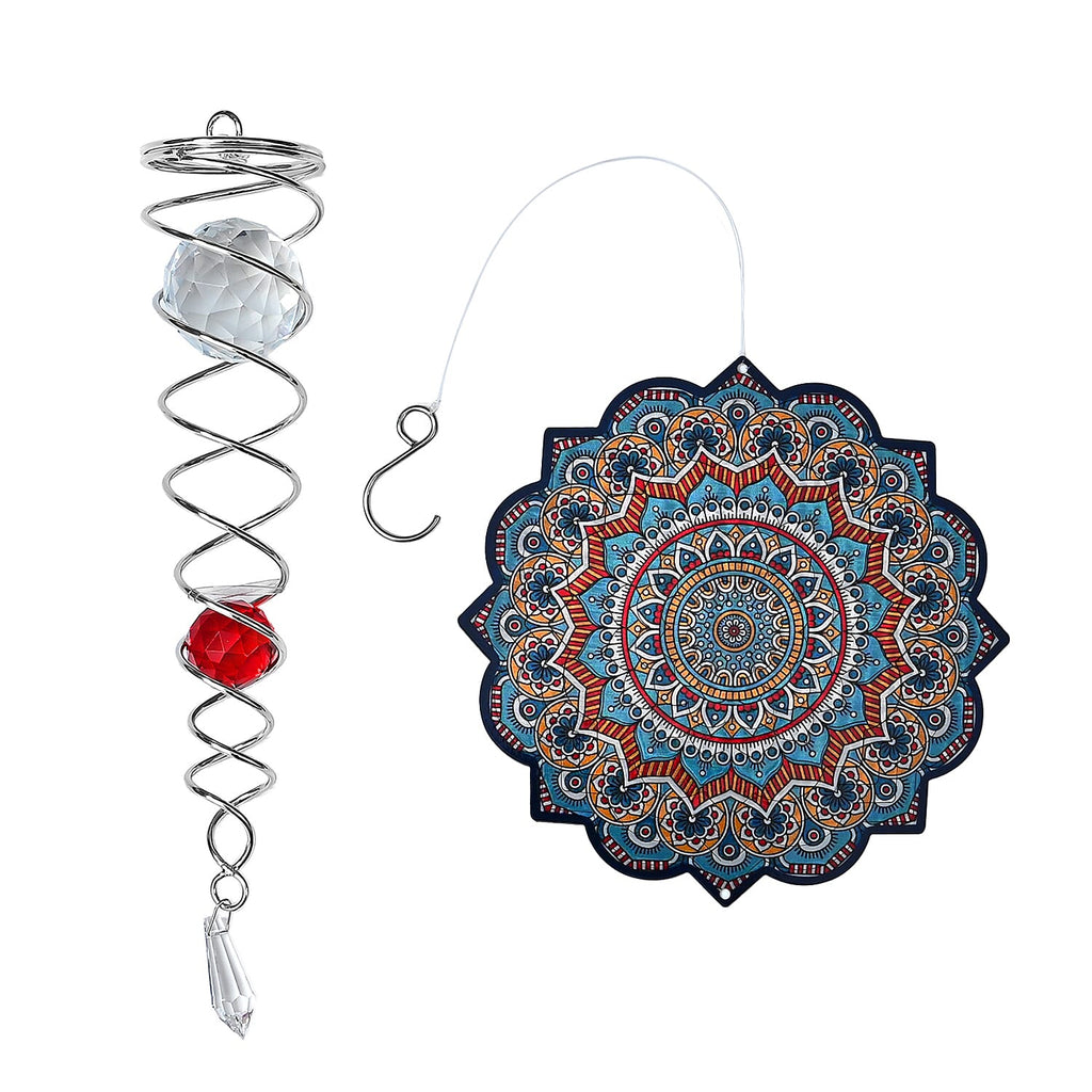 Rotating Mandala Wind Chime (15cm) - Kinetic Metal Spinner with Spiral Tail (22.5cm) - Blue