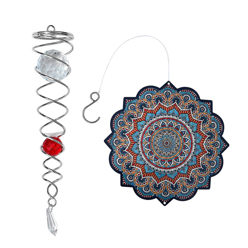 Rotating Mandala Wind Chime (15cm) - Kinetic Metal Spinner with Spiral Tail (22.5cm) - Blue