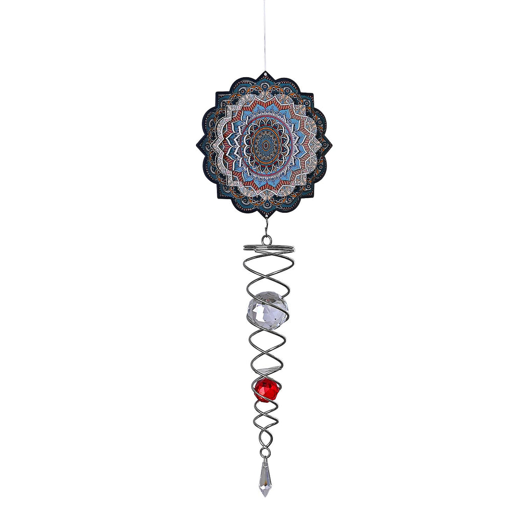 Rotating Mandala Wind Chime (15cm) - Kinetic Metal Spinner with Spiral Tail (22.5cm) - Blue