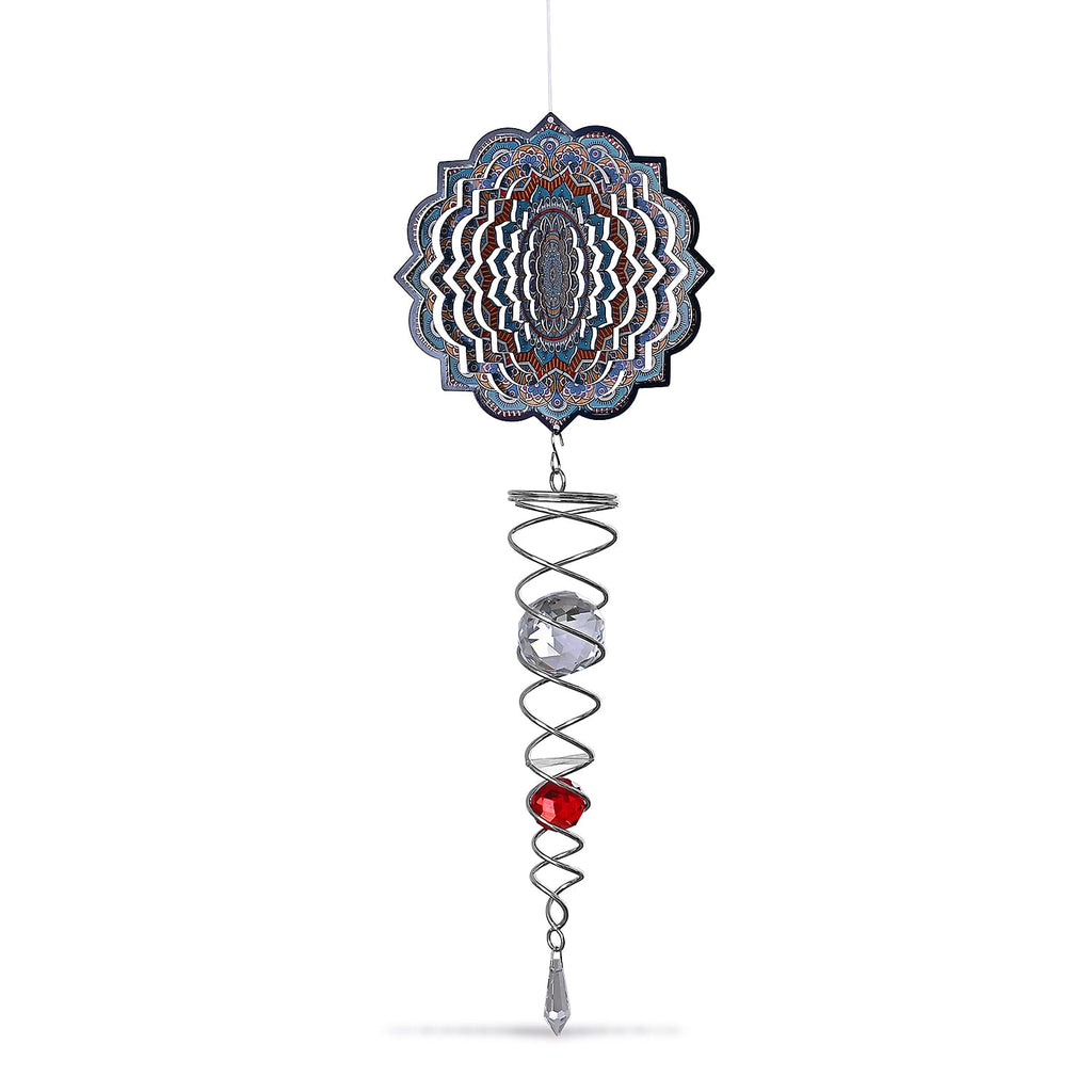 Rotating Mandala Wind Chime (15cm) - Kinetic Metal Spinner with Spiral Tail (22.5cm) - Blue