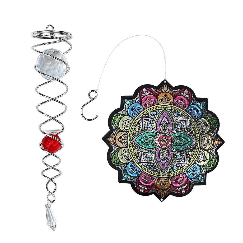 Rotating Mandala Wind Chime (15cm) - Kinetic Metal Spinner with Spiral Tail (22.5cm) - Black